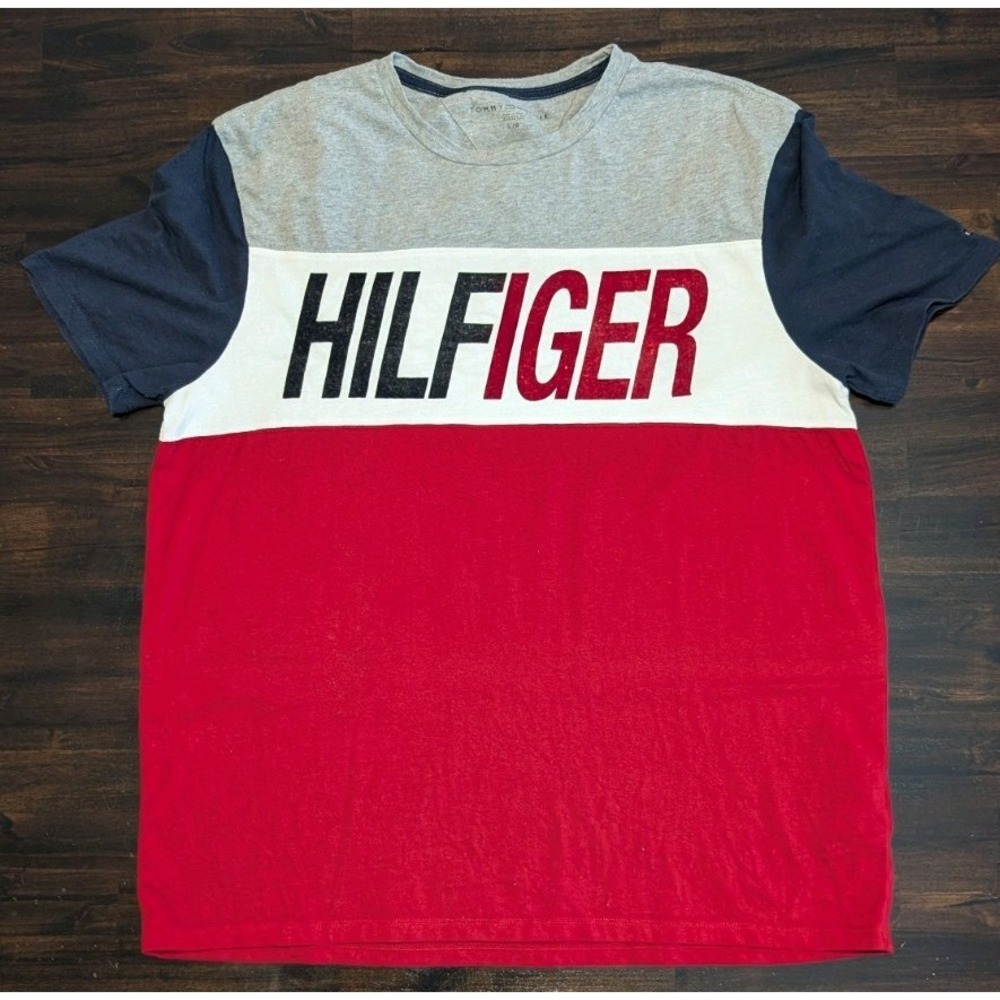 🇺🇸 Y2K Tommy Hilfiger T Shirt Men's Large Red White Blue Colorblock Banner